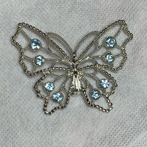 Silver Tone Butterfly Brooch with Light Blue Rhinestones